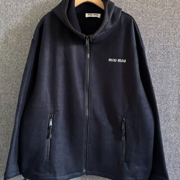 MIUMIU Solid Color Fleece Hooded Zip-Up Sweatshirt